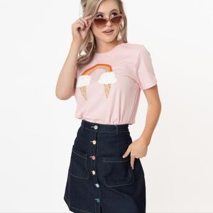 Collectif Pastel Rainbow Button Denim Skirt